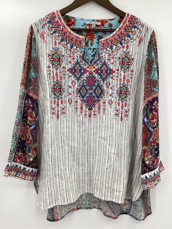 John Mark Tops - John Mark White Striped Tunic with Multicolor Embroidery